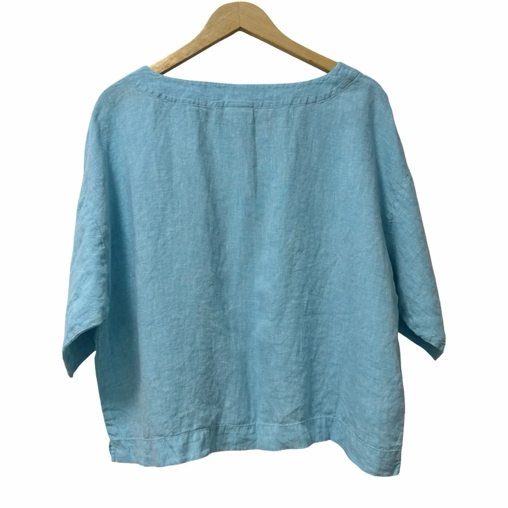 J Jill Womens Linen Boxy Cropped Short Sleeve Top Size MP Blue Coastal Beachy